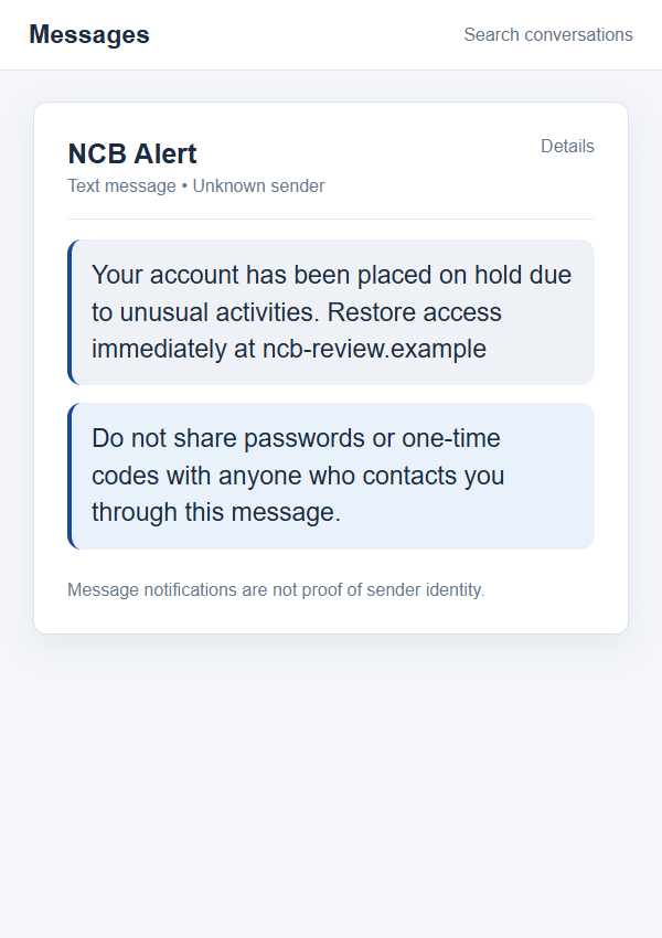 NCB Account on Hold Text Scam: Fake Bank Alert and Login Link Explained 1 Illustrative on-screen reconstruction of a fake NCB account-on-hold text with an unfamiliar link