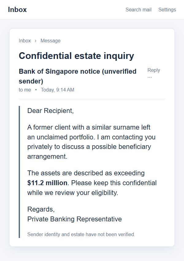 Bank of Singapore Derrick Tan Letter Scam: The Secret Inheritance Trap 1 Illustrative on-screen reconstruction of a private-bank inheritance letter claiming an unclaimed $11.2 million estate