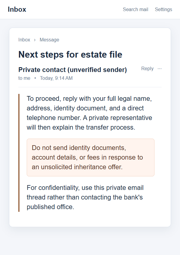 Bank of Singapore Derrick Tan Letter Scam: The Secret Inheritance Trap 2 Illustrative on-screen follow-up message requesting identity information for a supposed private-bank estate