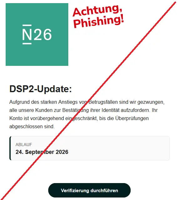 Authentic N26 impersonation email claiming an identity check and account restriction, marked as phishing by the consumer warning service