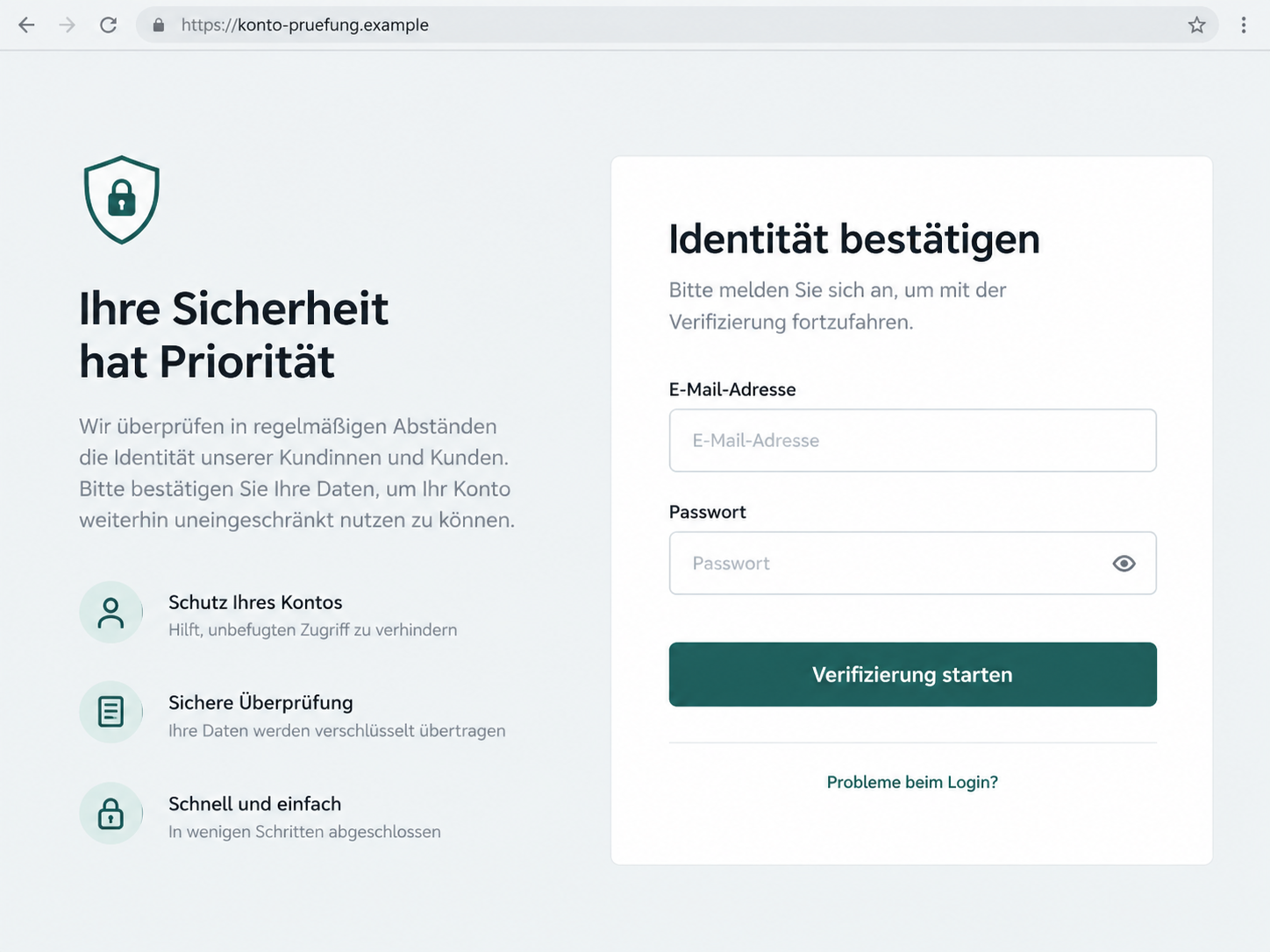 Illustrative reconstruction of a fake banking identity-check login on a fictional domain, not an authentic N26 destination capture