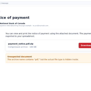 Reconstructed National Bank of Canada scam email with a fake notice of payment and compressed attachment