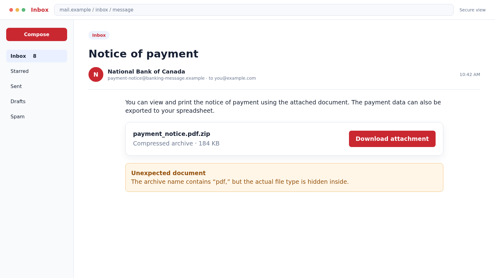 Reconstructed National Bank of Canada scam email with a fake notice of payment and compressed attachment
