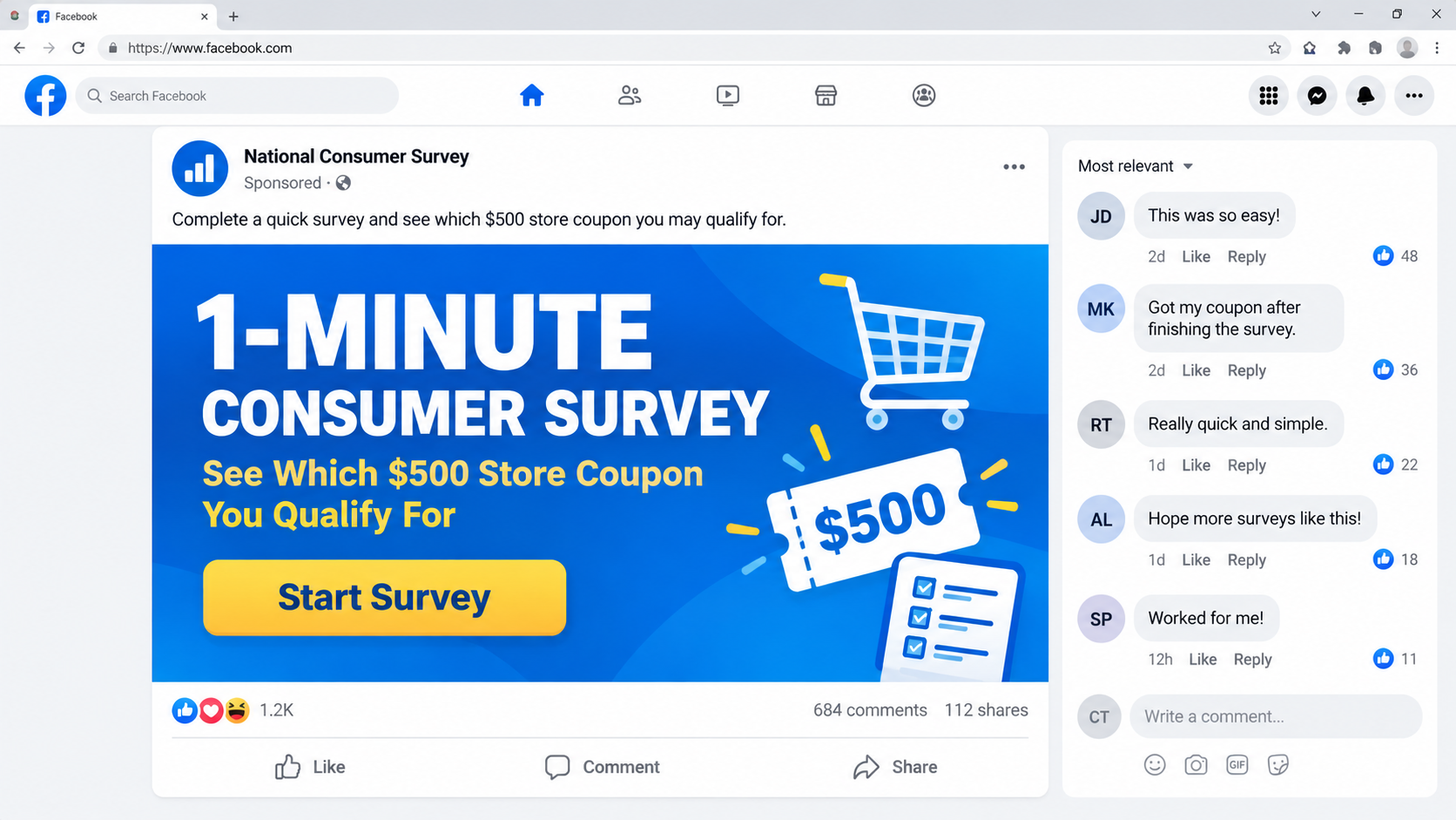 Social media advertisement promising a $500 retail coupon through a National Consumer Survey