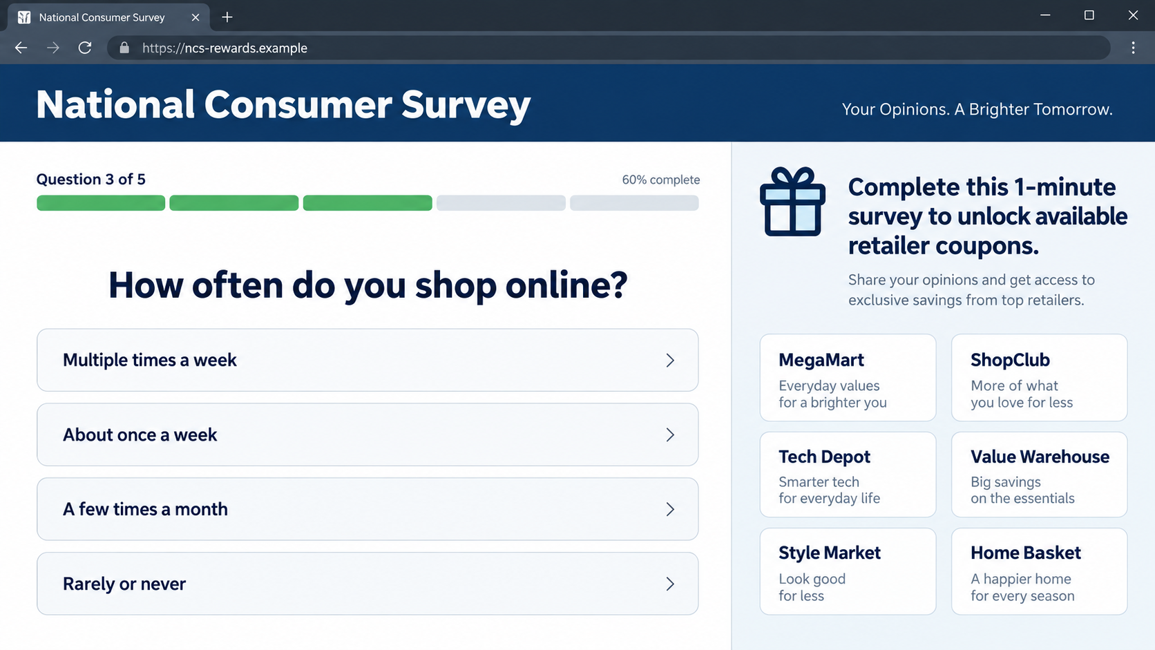 National Consumer Survey page asking shopping questions before revealing a coupon offer