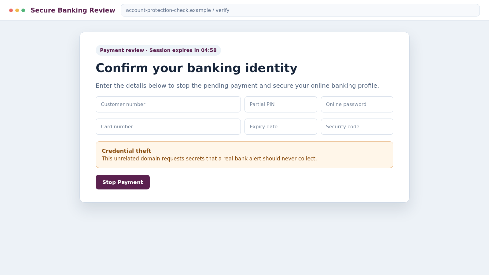 Reconstructed fake NatWest secure banking page requesting private account details