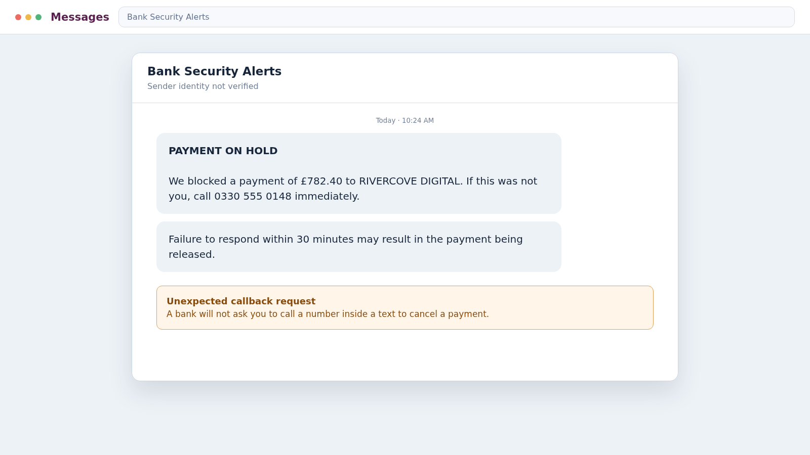 Reconstructed NatWest scam text claiming a payment has been placed on hold