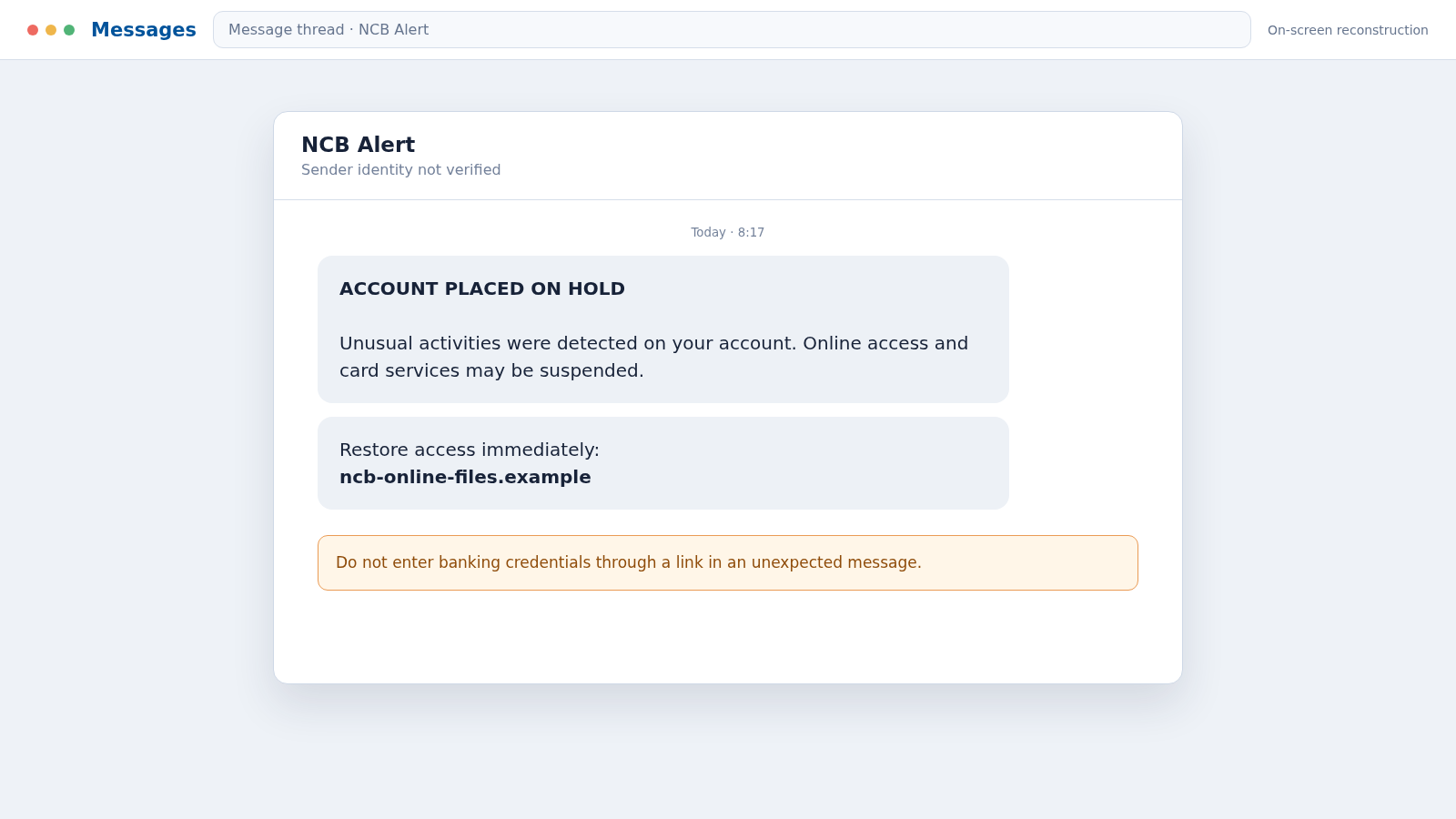 Reconstructed NCB account hold phishing text message
