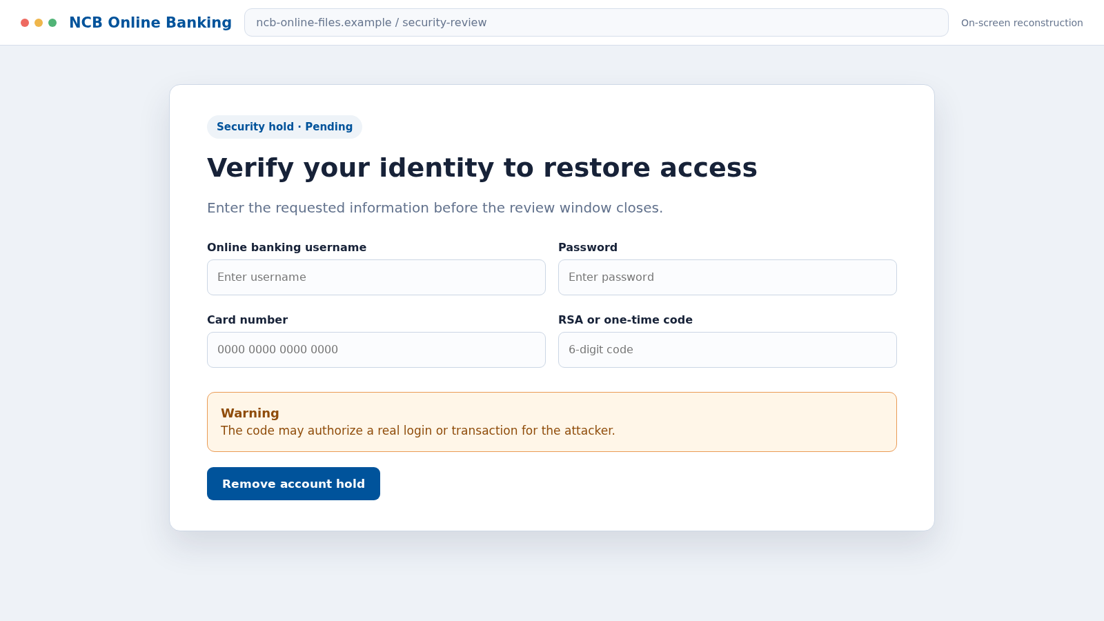 Reconstructed fake NCB online banking verification page requesting a one-time code