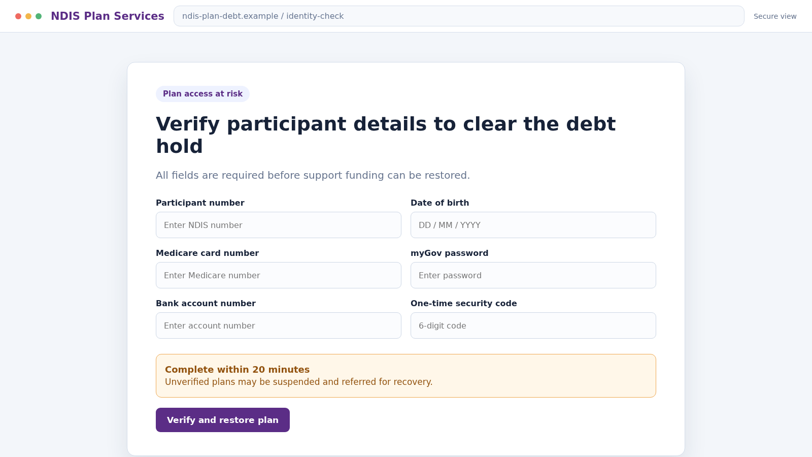 NDIS Scam Calls Exposed: Fake Debt Threats and Data Theft Investigation 2 fake NDIS plan portal requesting Medicare and banking details