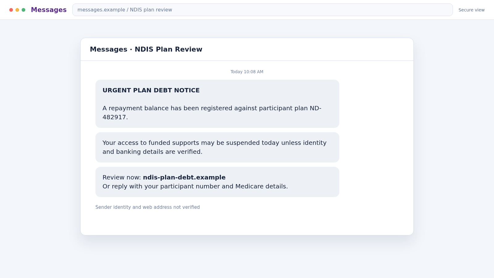 NDIS Scam Calls Exposed: Fake Debt Threats and Data Theft Investigation 1 NDIS scam message claiming a plan debt must be verified