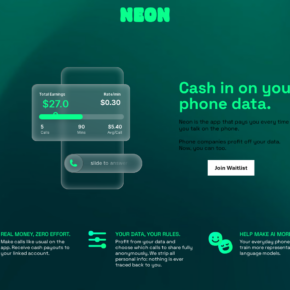 Screenshot of the Neon Money Talks homepage showing its cash-for-phone-data offer and advertised call rate
