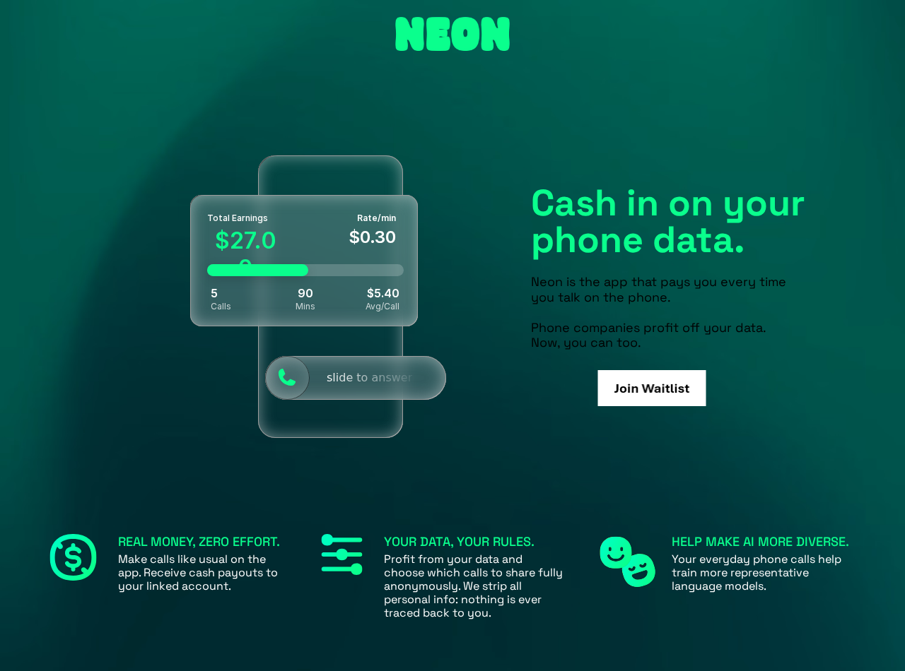 Screenshot of the Neon Money Talks homepage showing its cash-for-phone-data offer and advertised call rate