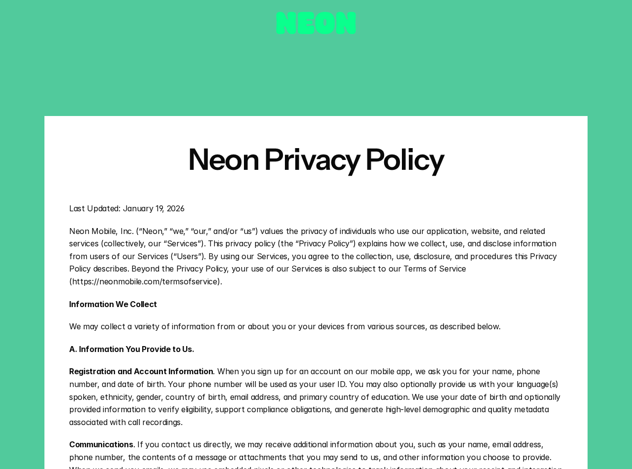 Screenshot of the Neon Money Talks privacy policy describing collection and use of call recordings