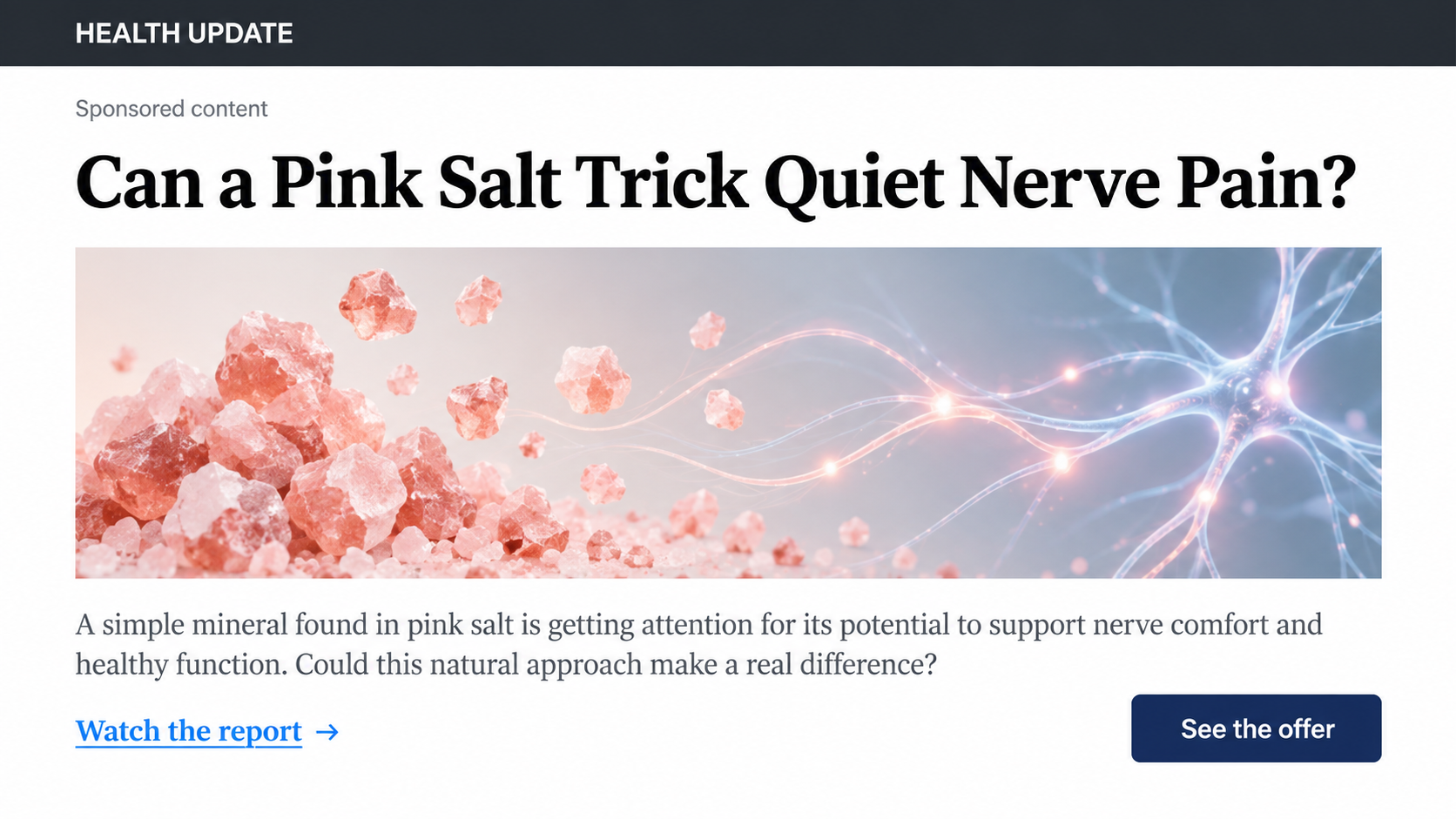 NervoFlow Pink Salt Nerve Pain Ads Exposed: Fake FDA Approval and Dr. Oz 1 Illustration of a pink salt nerve pain advertorial resembling a health news page