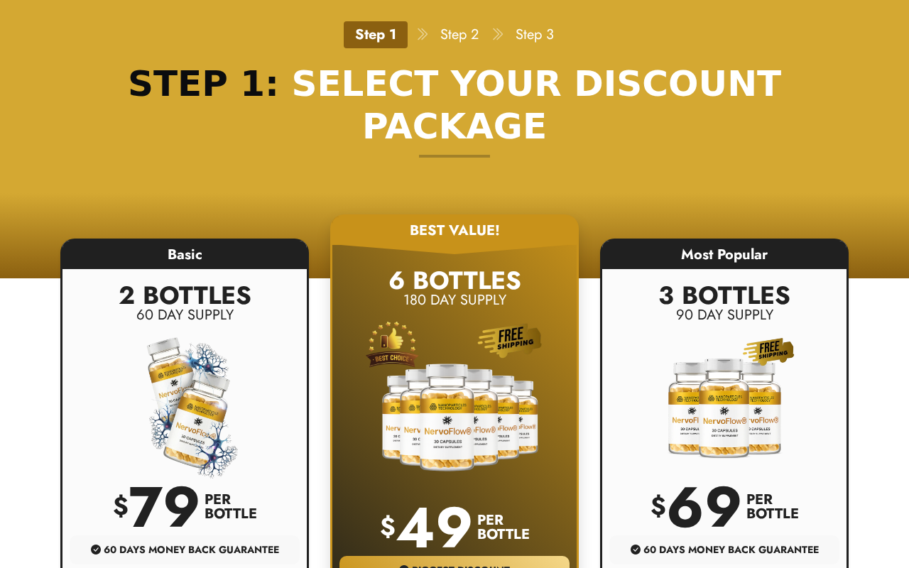 NervoFlow Pink Salt Nerve Pain Ads Exposed: Fake FDA Approval and Dr. Oz 2 NervoFlow order page showing multi-bottle packages and promoted pricing
