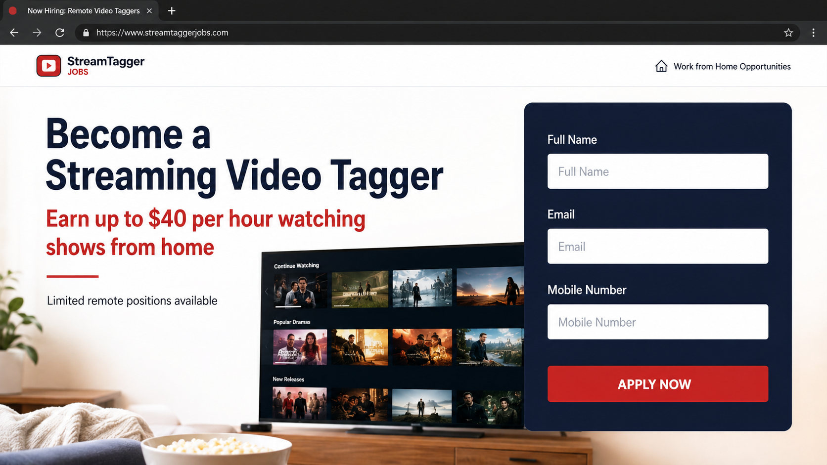 Fake streaming video tagger job page promising remote work for watching shows