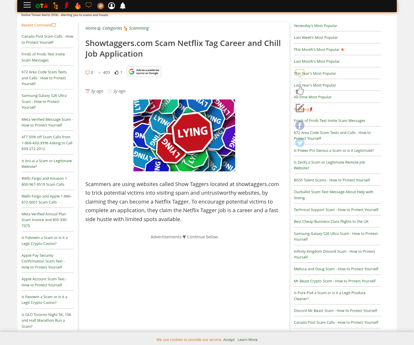 Consumer warning page describing the Showtaggers fake Netflix job application