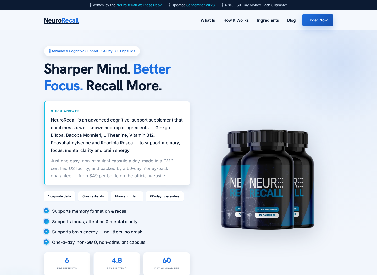Neuro Recall Scam Exposed: Fake Elon Musk AI Ads Lead to MemoHoney Pills 1 Neuro Recall supplement website showing memory support claims and bundle prices