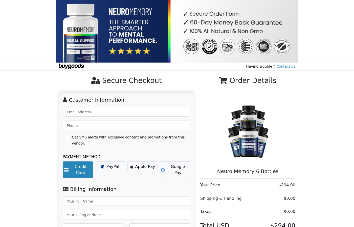 NeuroMemory secure checkout displaying a six-bottle order priced at $294