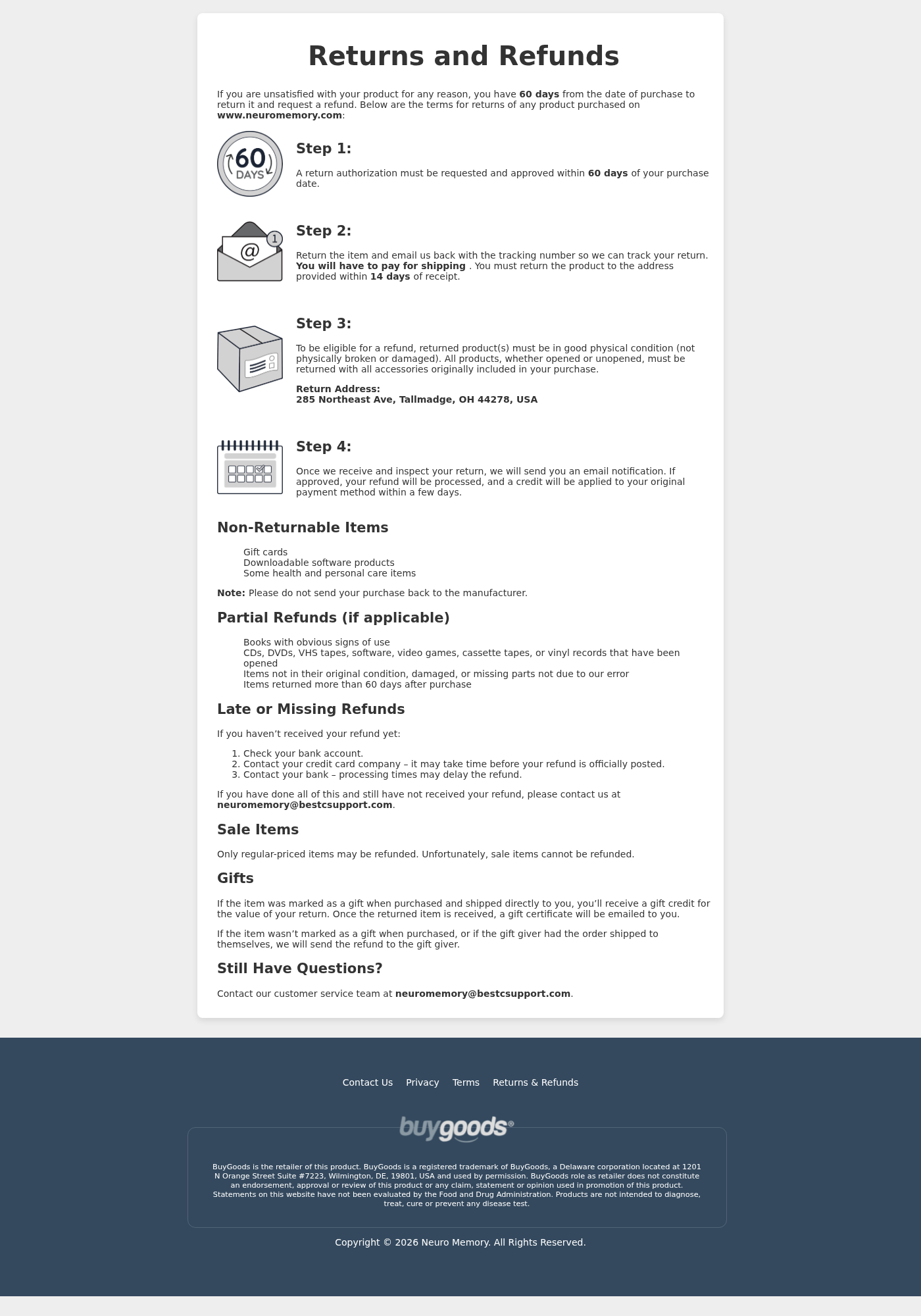 NeuroMemory return policy showing authorization, bottle-return, shipping-cost, and sale-item conditions