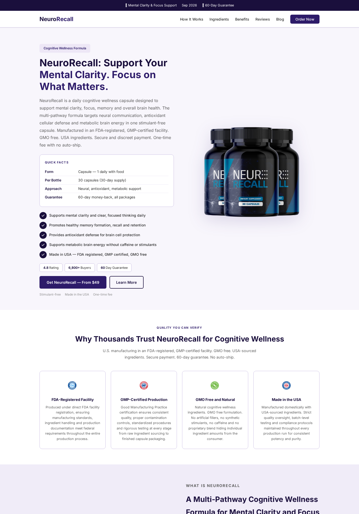 NeuroRecall website showing memory supplement bottles, buyer count, and product promises