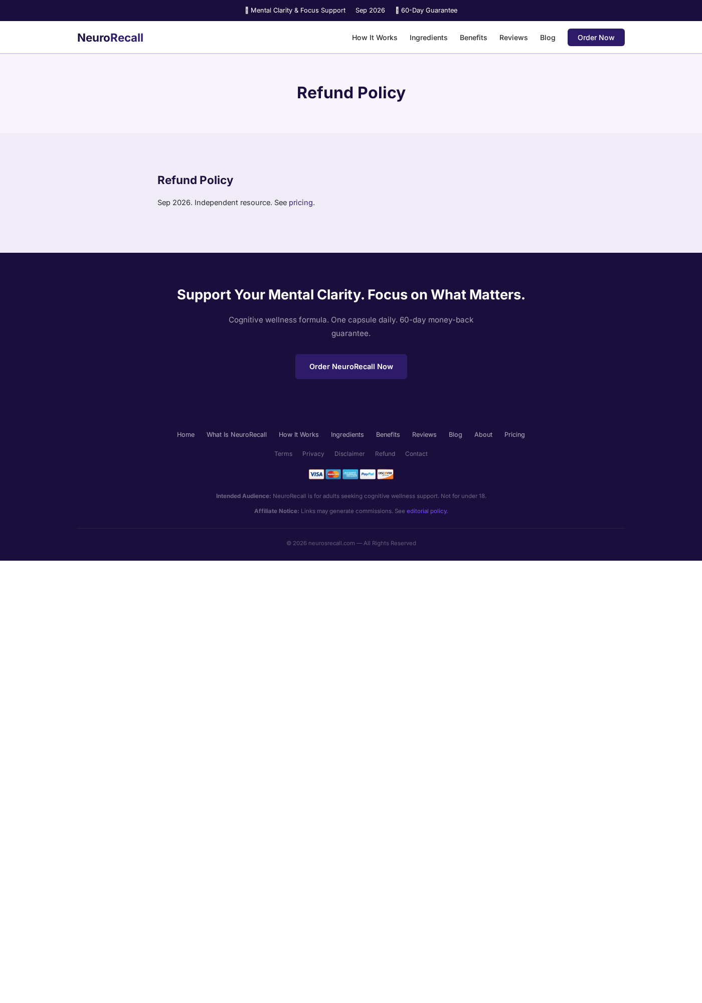 NeuroRecall refund policy page showing no practical return instructions