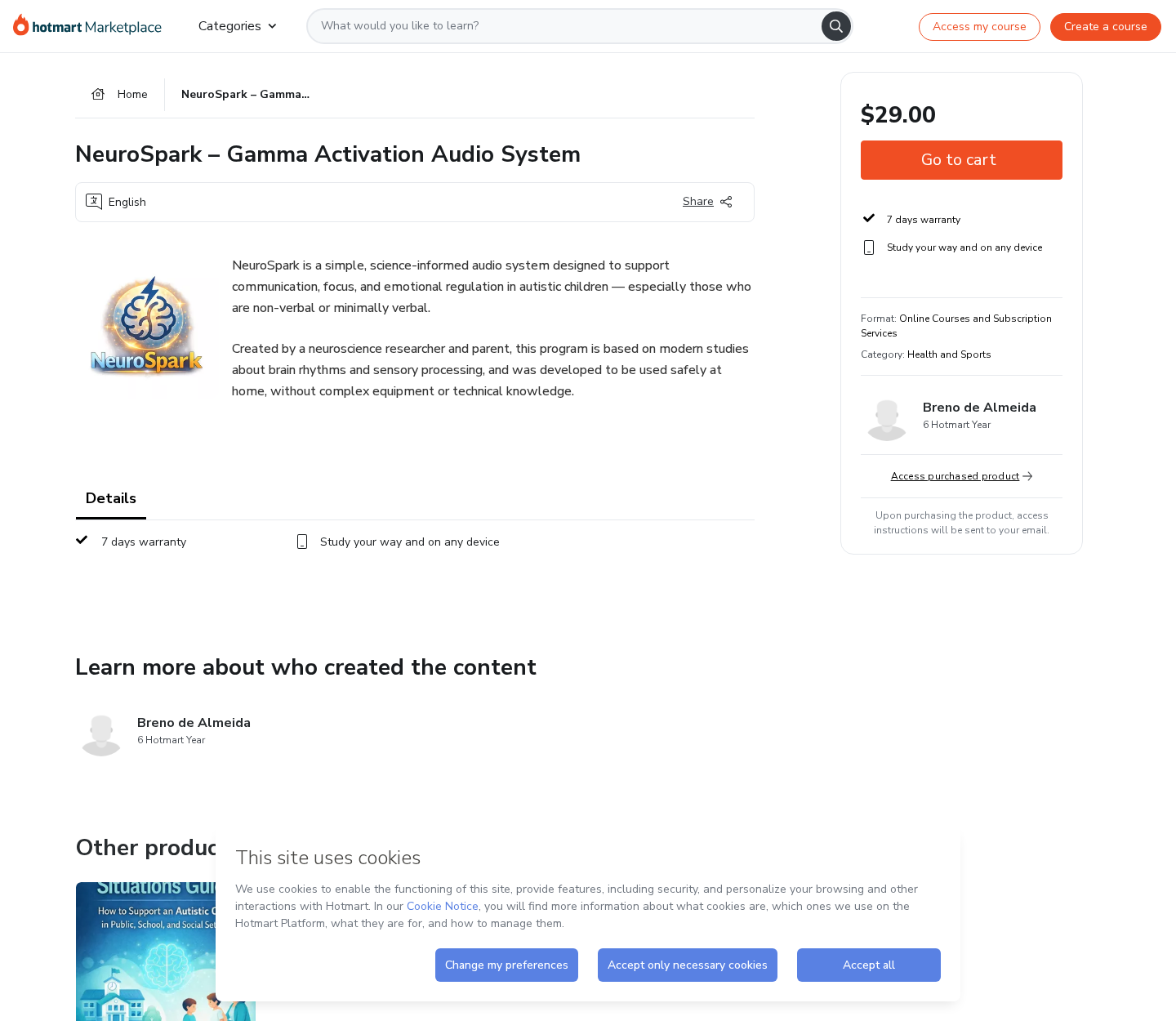 NeuroSpark Gamma Activation Audio System listing on the Hotmart marketplace