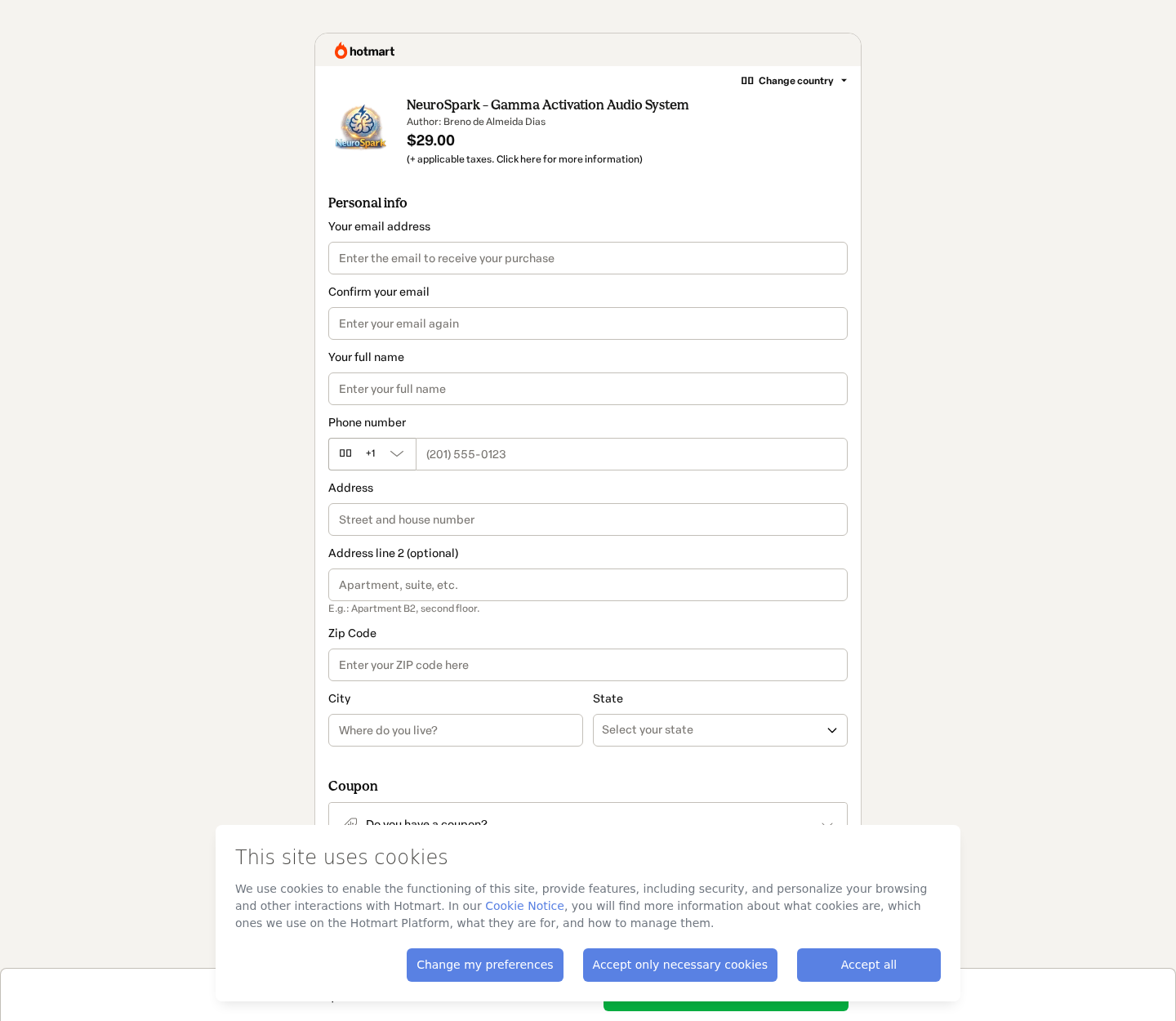 Hotmart checkout for the NeuroSpark audio product showing its price and named author