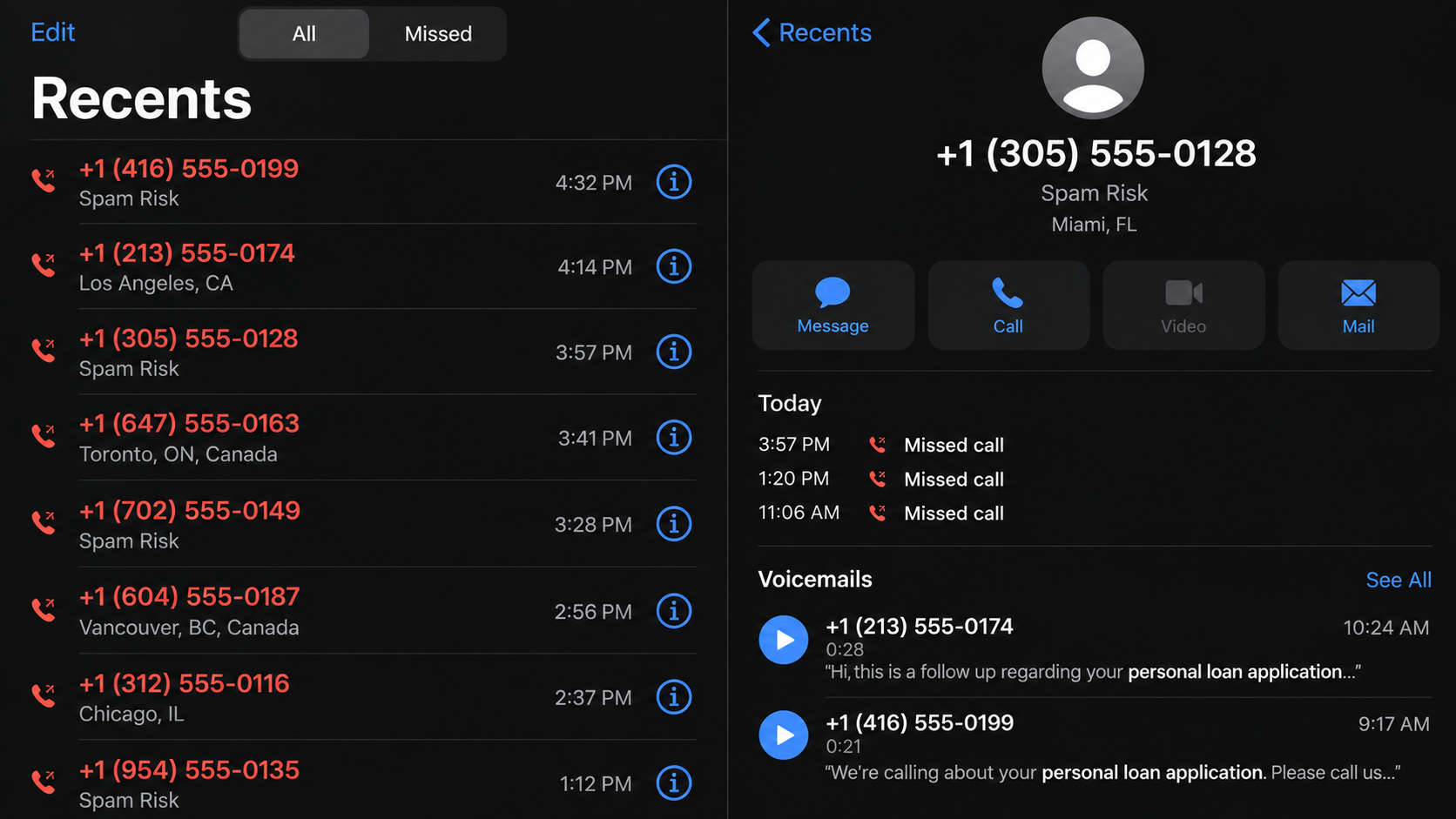 Phone history showing repeated missed calls about a personal loan application