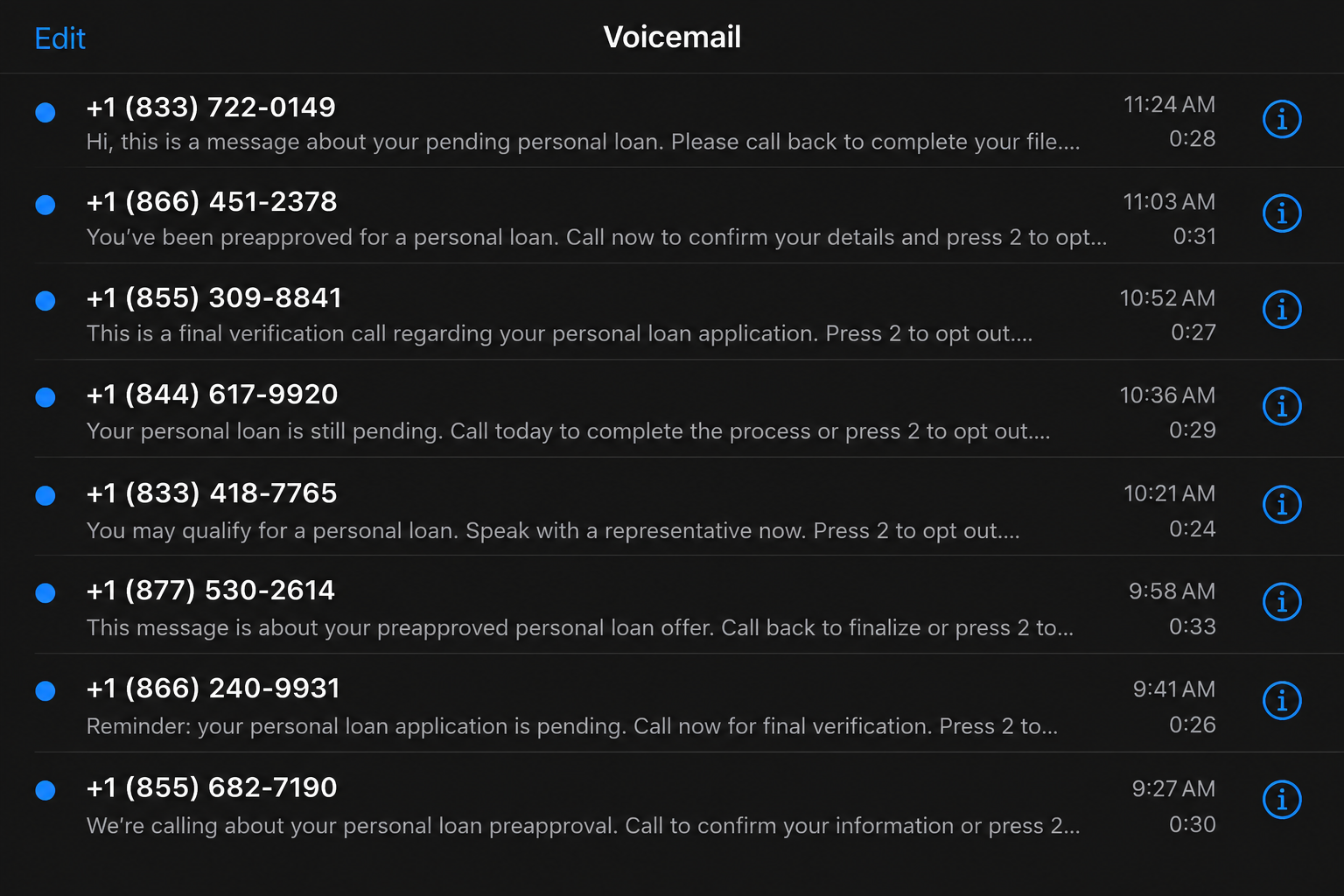 Voicemail inbox filled with repeated personal loan messages from unknown numbers