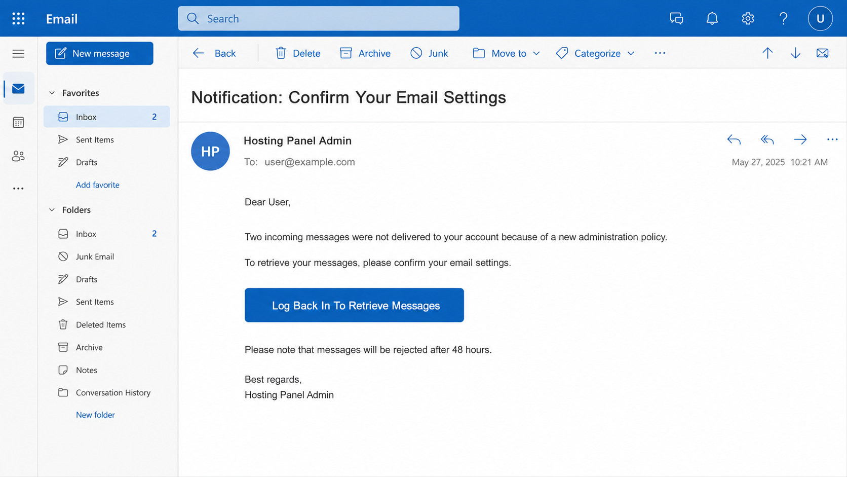 Fake email claiming a new cPanel administration policy blocked two messages