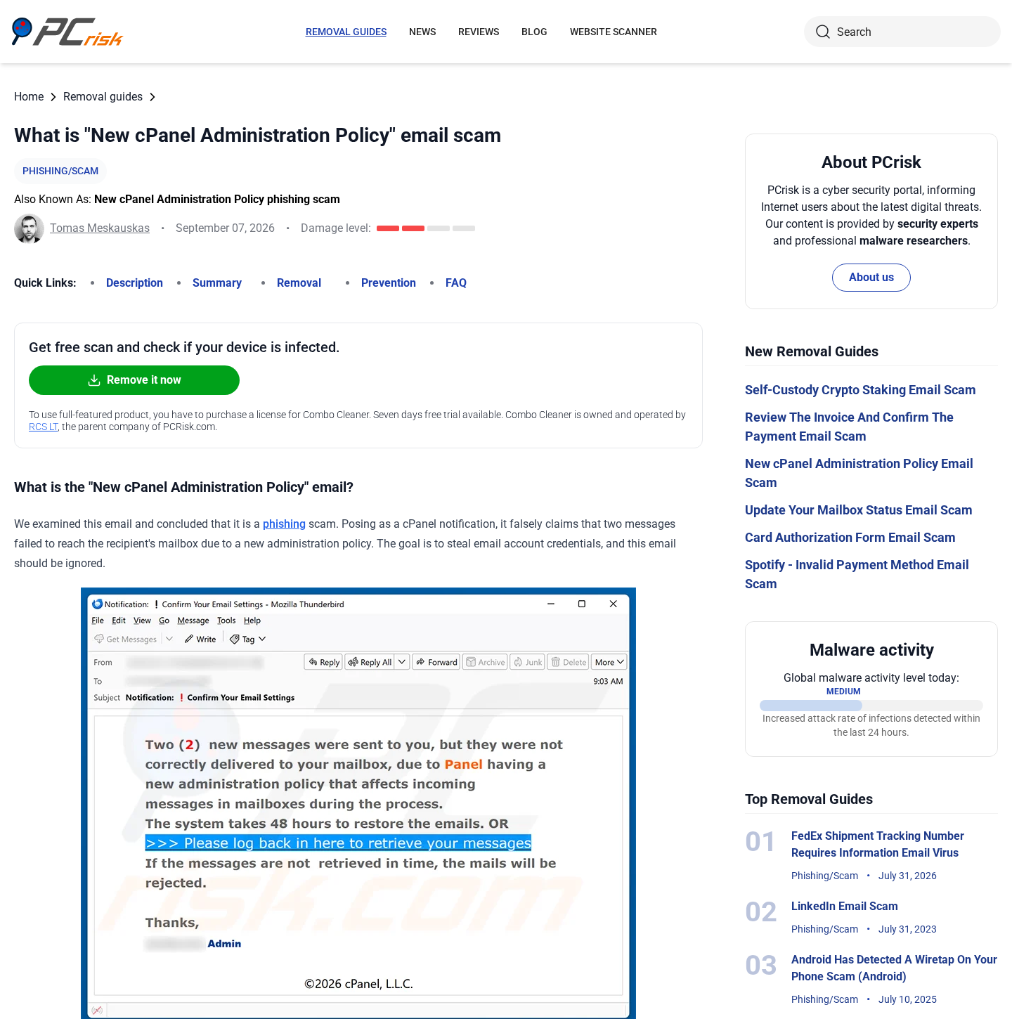 Security investigation page displaying the original New cPanel Administration Policy phishing message