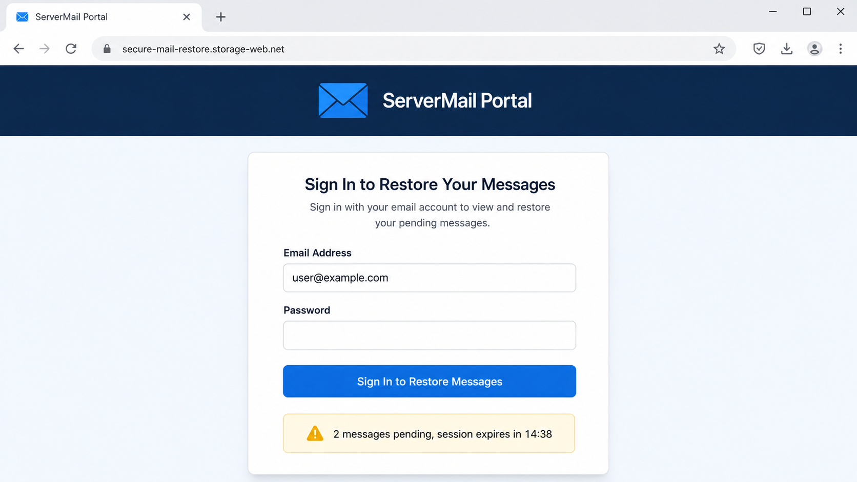 Fictional ServerMail phishing page asking for a password to restore two messages