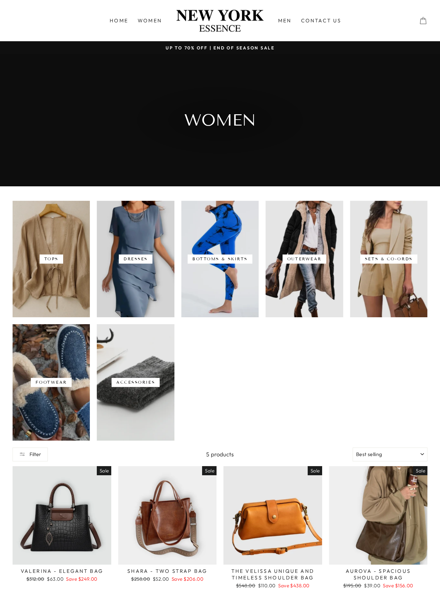 New York Essence Exposed: 70% Sales, Asia Returns and Buyer Risks Revealed 1 New York Essence collection page showing large markdowns on clothing, footwear and handbags