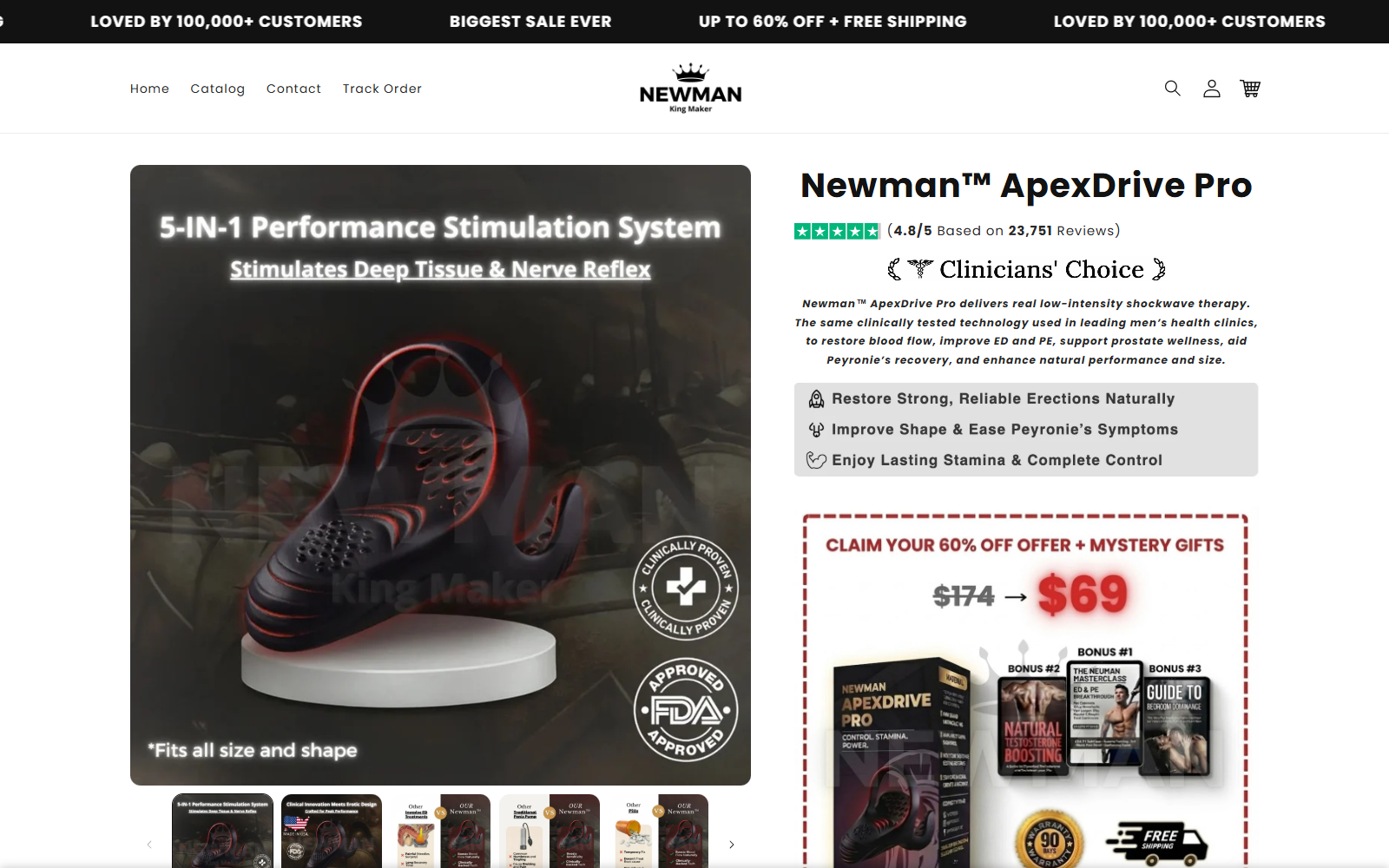 Newman ApexDrive Pro: Medical Claims Investigated 1 Newman ApexDrive Pro sales page showing shockwave, FDA-approved, review, and performance claims