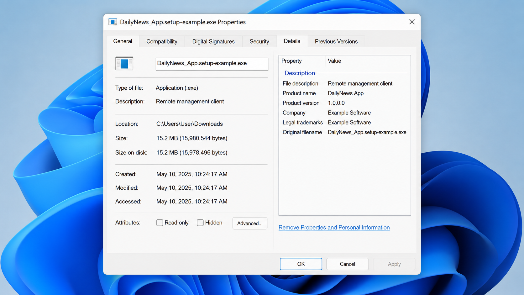 Fake CNN App Pop-Up Scam: News Download Installs Remote Access Software 2 Illustrative Windows installer properties showing a signed remote-management tool rather than a news app