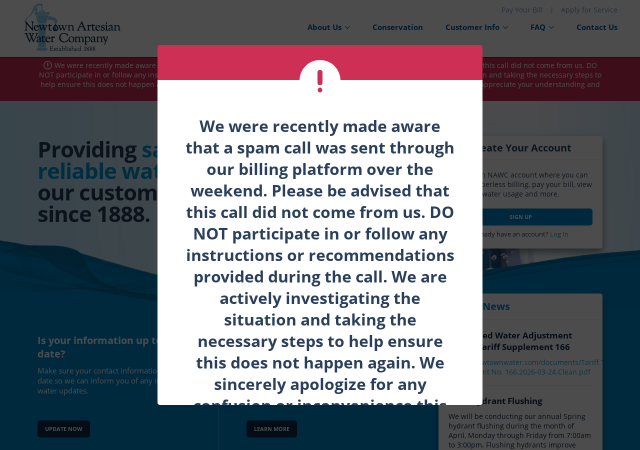 Newtown Artesian Water Company warning about a spam call sent through its billing platform
