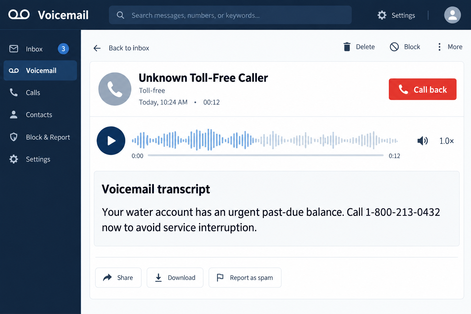 Voicemail transcript directing a water customer to call 1-800-213-0432