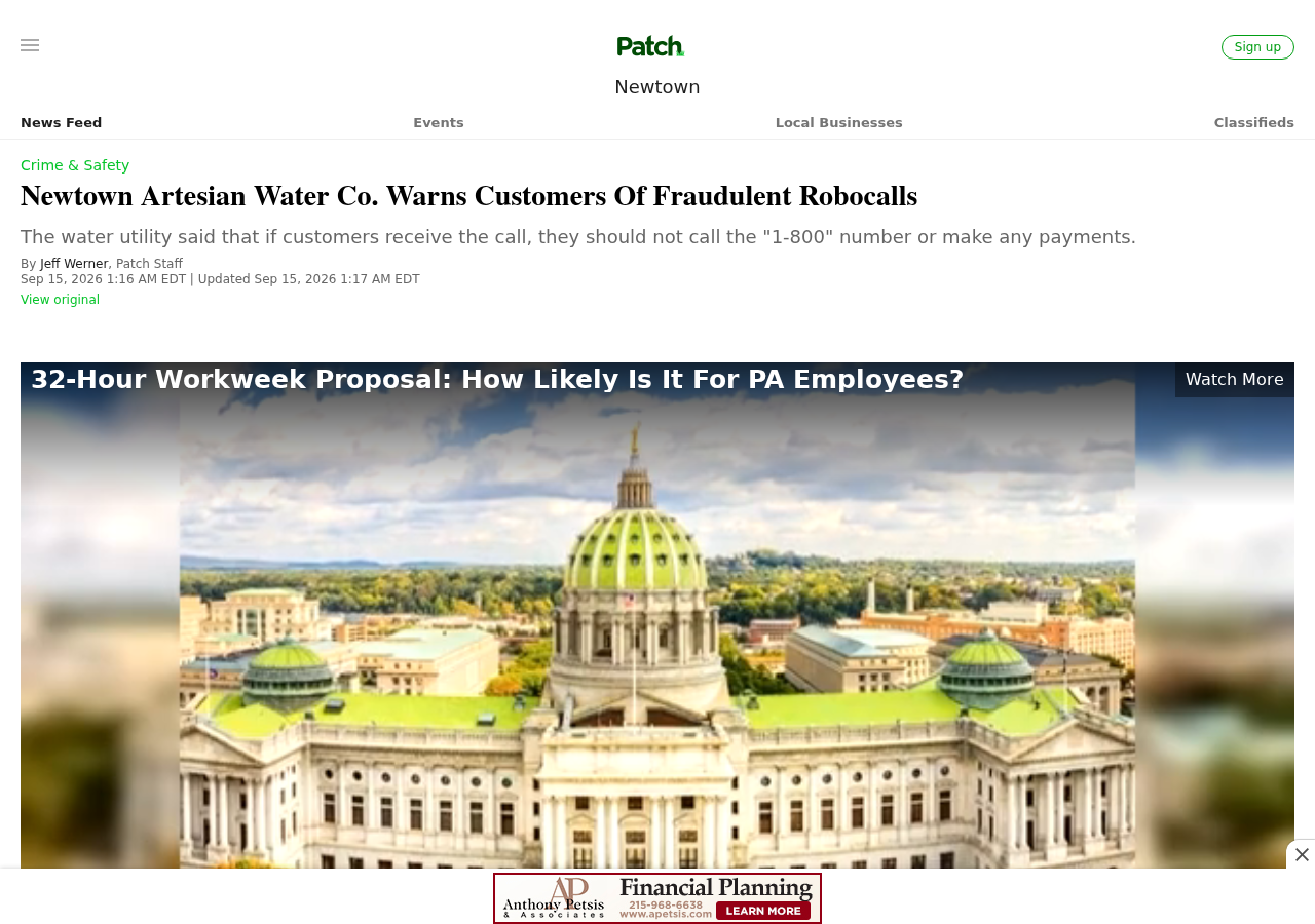 Local report confirming Newtown Artesian Water Company warned customers about fraudulent robocalls