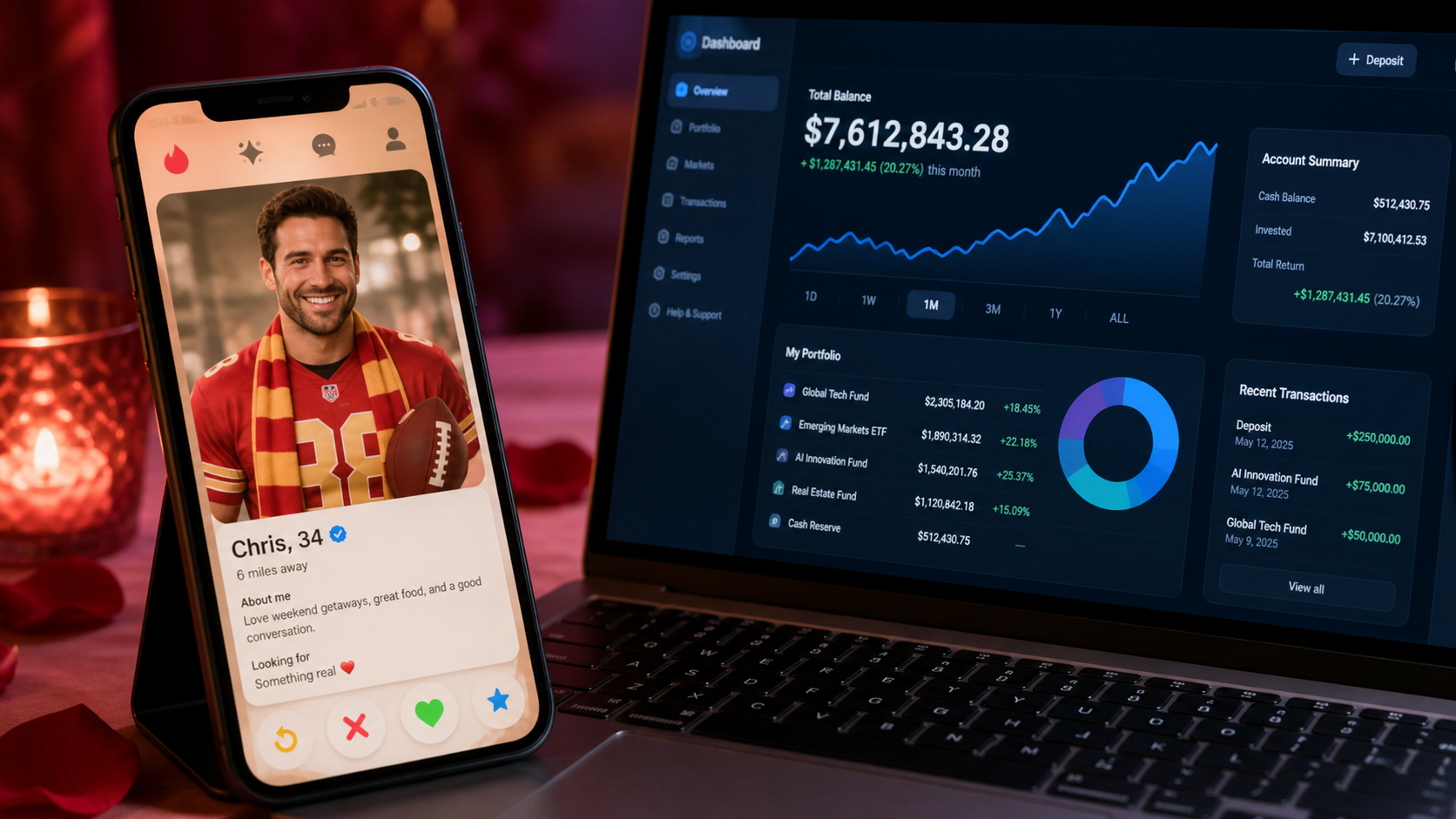 Realistic reconstruction of a fake 49ers romance profile beside a fraudulent investment dashboard