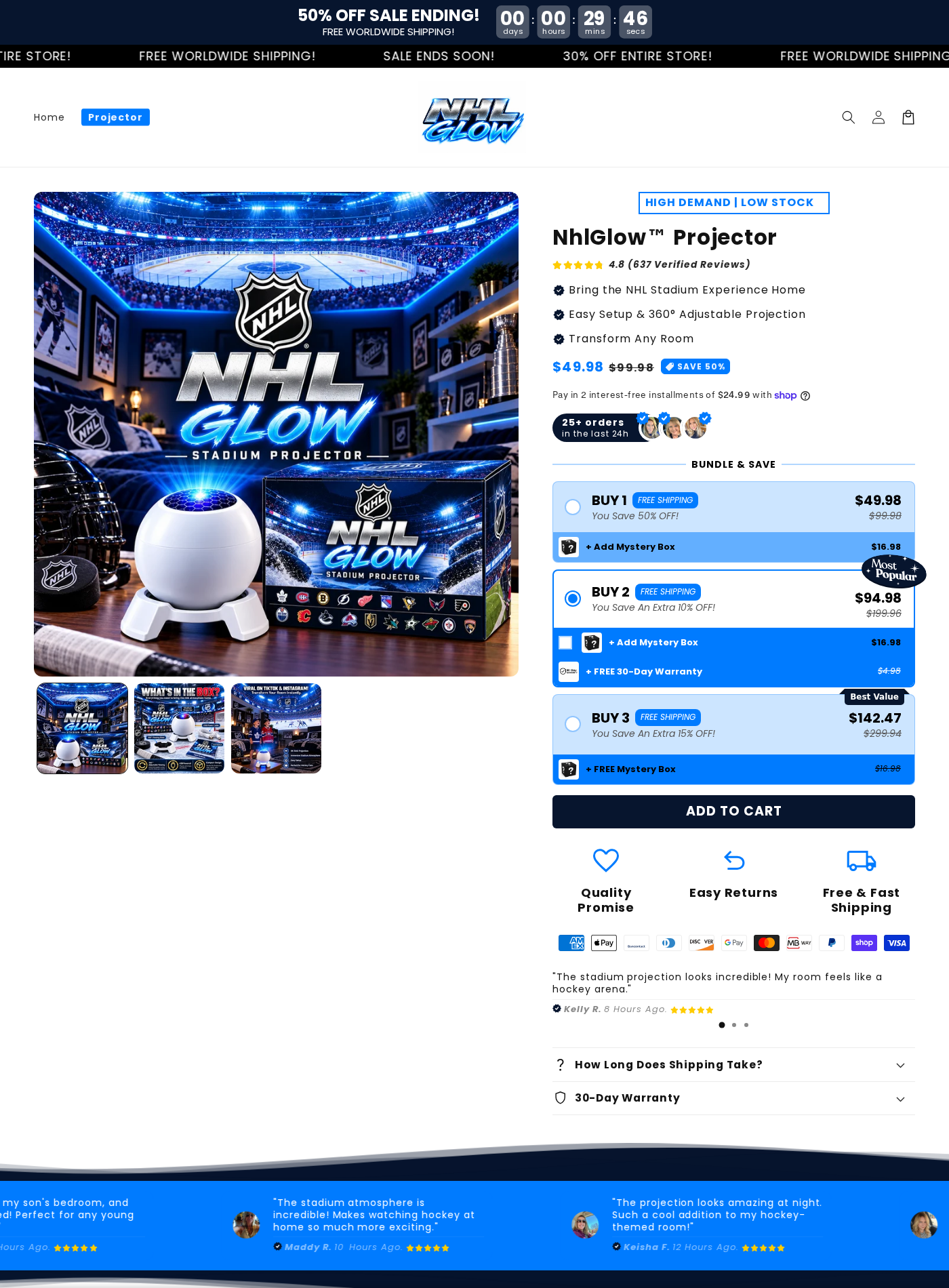 NHL Glow projector page using NHL branding, a 50% sale countdown, bundle options, review claims, and stadium imagery