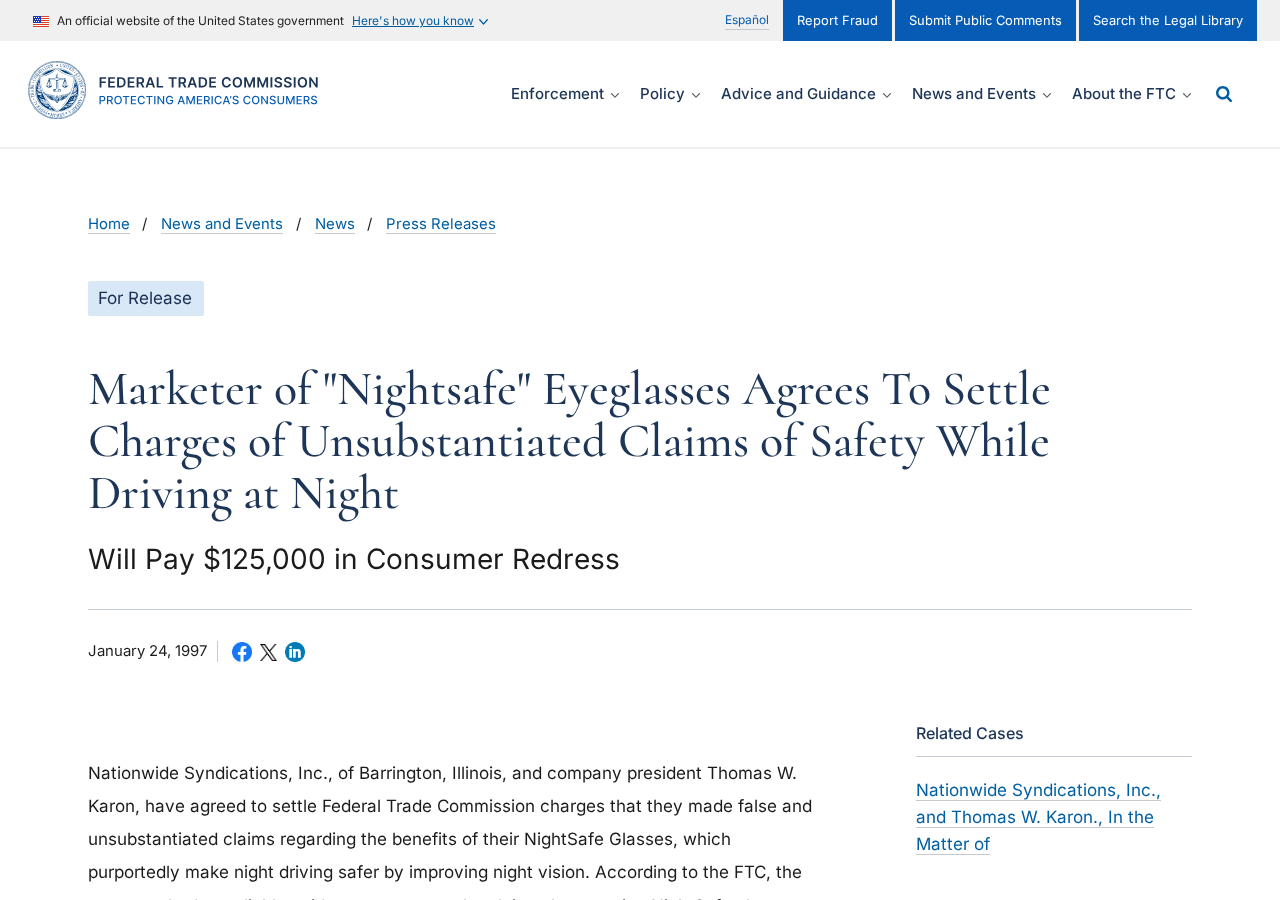 FTC enforcement page concerning unsupported safety claims for night driving glasses