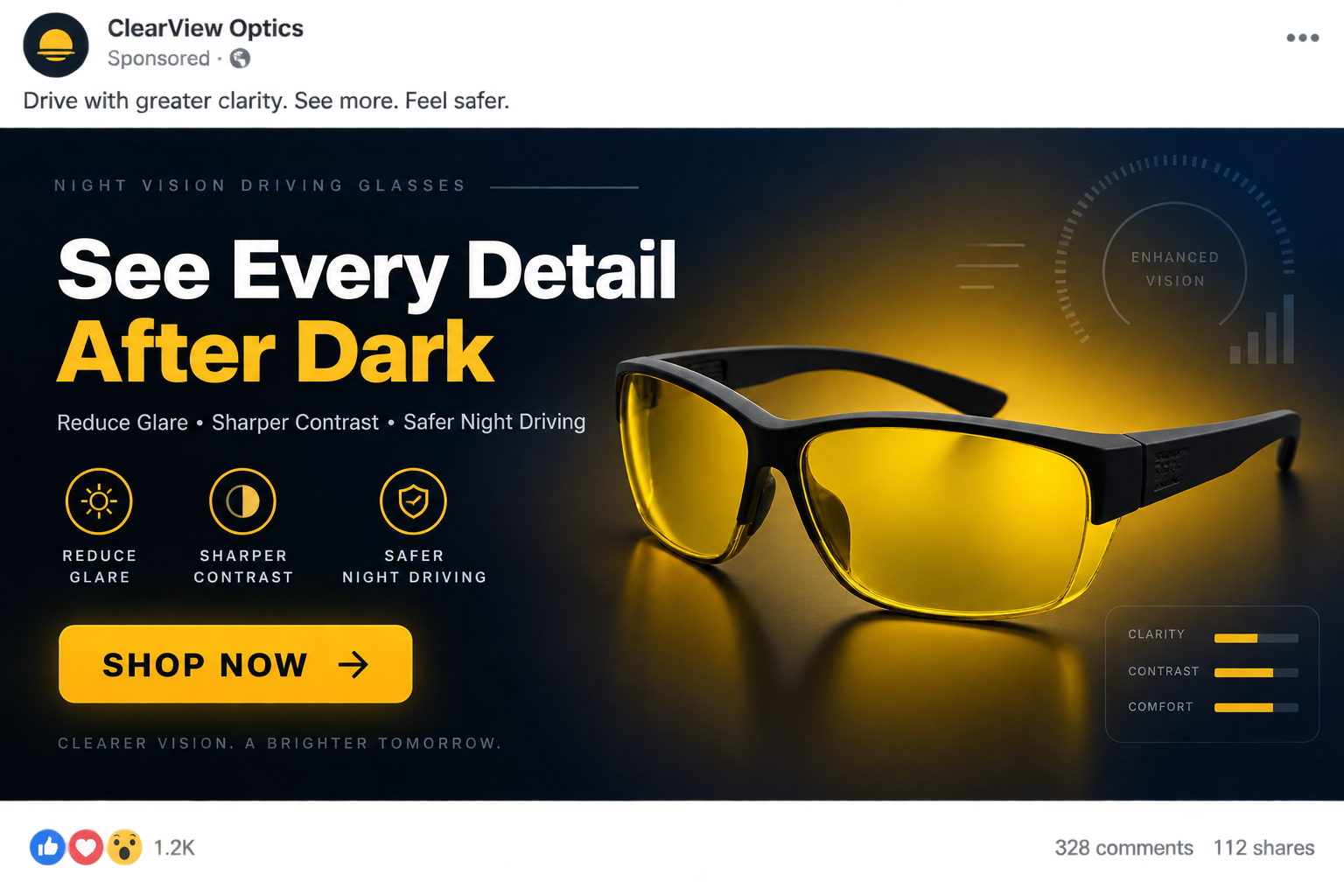 Advertisement for yellow night vision driving glasses claiming reduced glare and sharper contrast