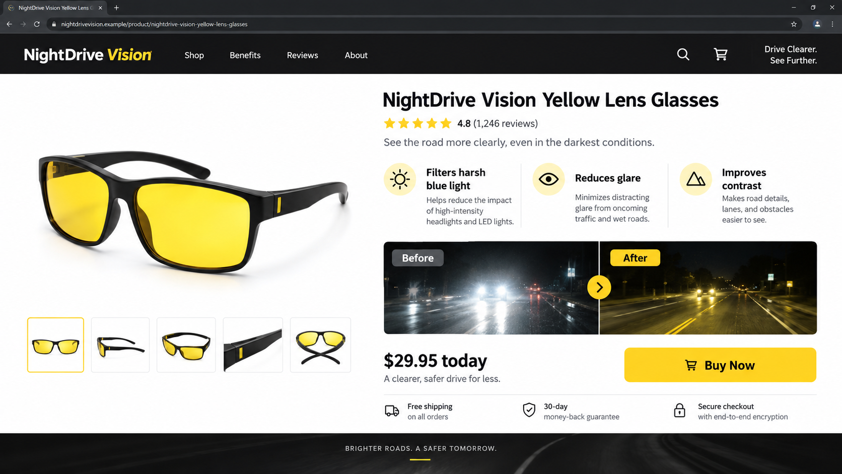 Online product page selling yellow driving glasses with technical-sounding feature claims