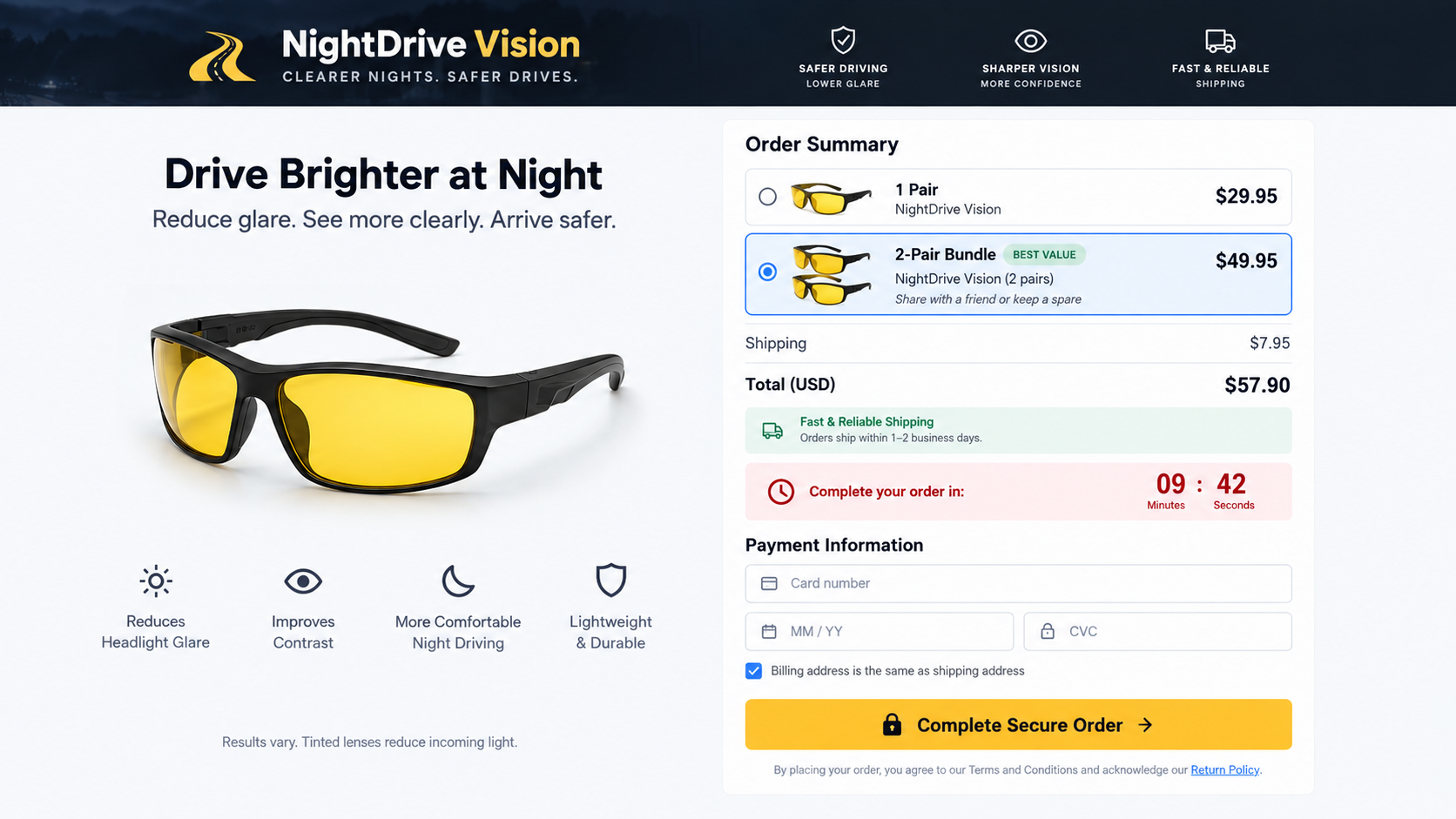 Checkout for night driving glasses showing bundles, shipping, and optional add-ons