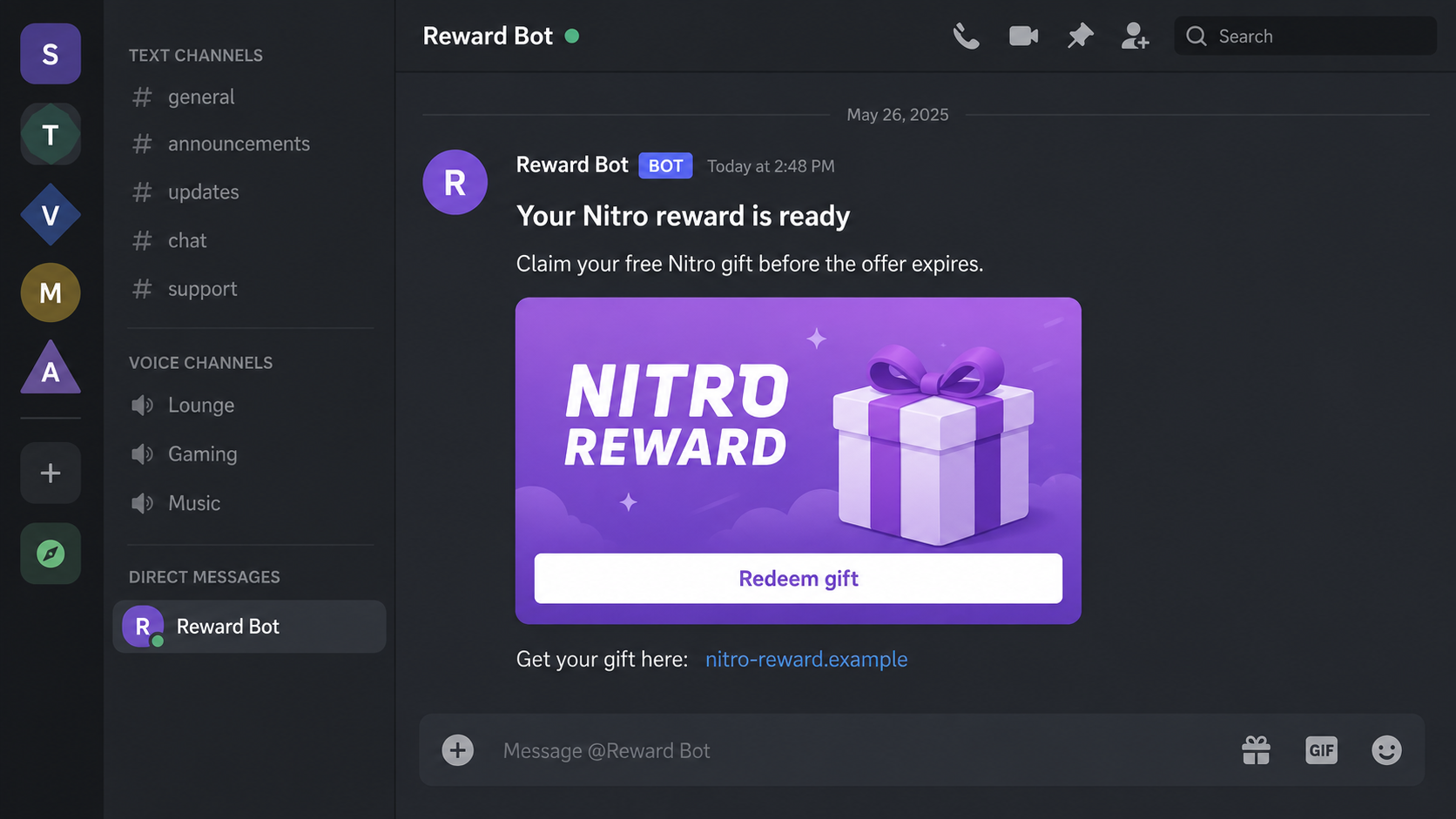 Discord Nitro Scam: How Fake Gifts and QR Codes Can Hijack Your Account 1 Reconstructed Discord Nitro scam message offering a reward through an unrelated website