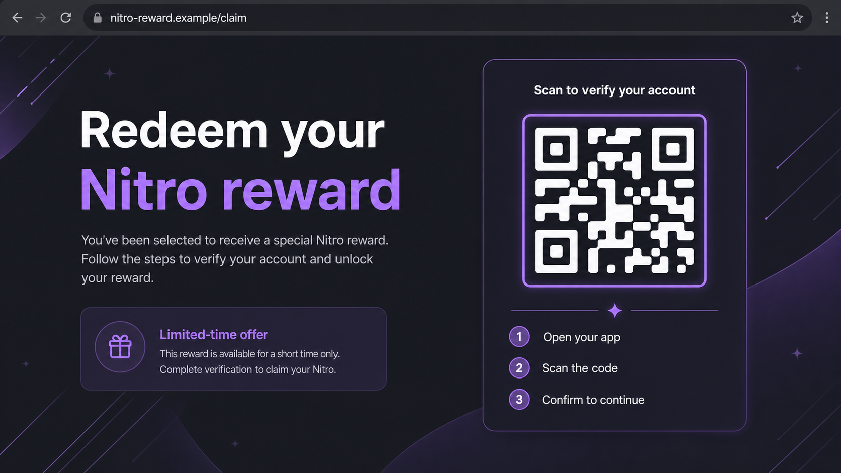 Discord Nitro Scam: How Fake Gifts and QR Codes Can Hijack Your Account 2 Reconstructed fake Nitro redemption page disguising a QR login request as reward verification