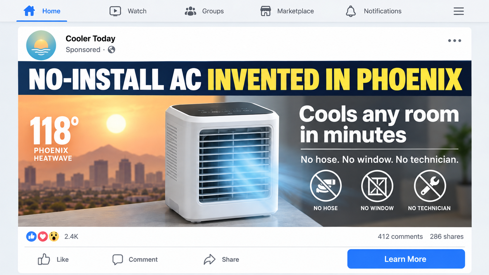 Sponsored advertisement claiming a no-install air conditioner was invented during a Phoenix heatwave