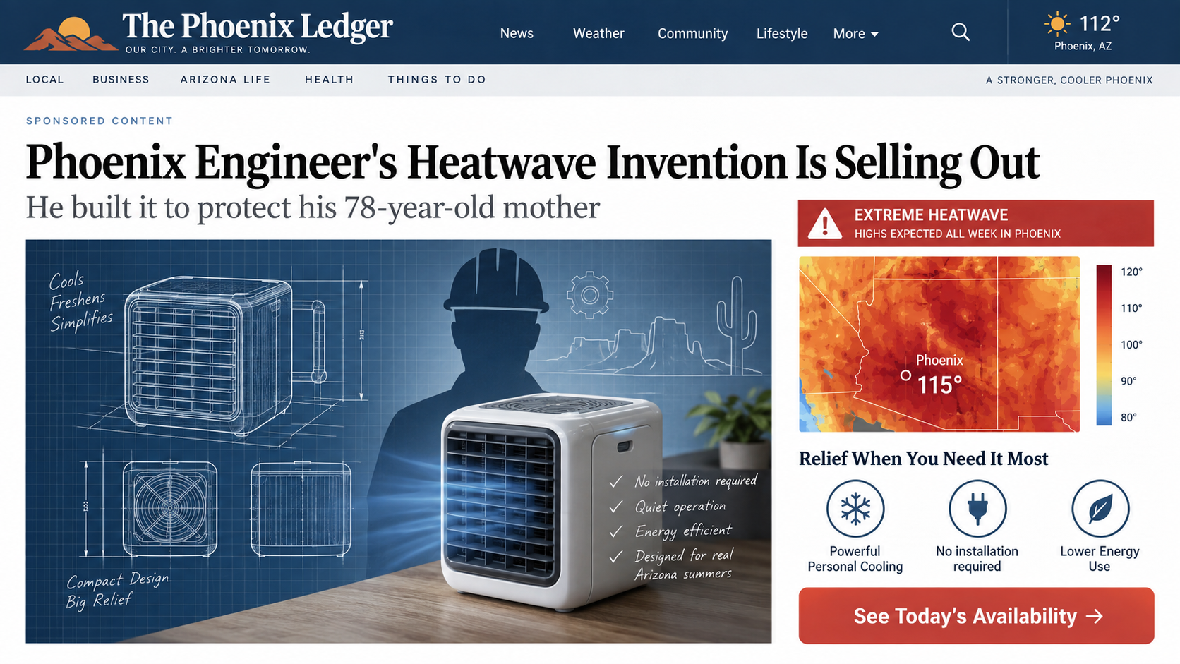 Fake local news advertorial about a Phoenix engineer and a compact no-install cooling device